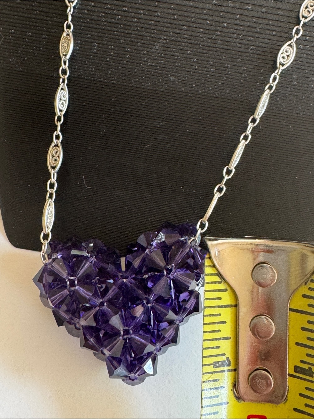 Handmade purple crystal beaded heart statement necklace sparkly 3D woven pendant